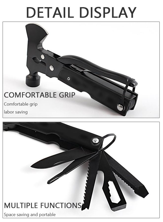 Multifunctional Camping Hammer Axe Hiking Emergency Survival Multitool 16 in 1 with Folding Mini Knife Saw Screwdrivers Hatchet Plier