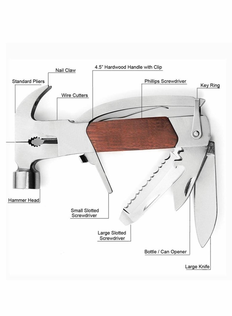 14-in-1 Stainless Steel Multitool Solid Wood Lifesaving Hammer, Emergency Escape Tool With Knife, Plier, Screwdrivers, Saw, Fish Descaler, Wrench, Bottle Opener Perfect for Camping, Outdoors