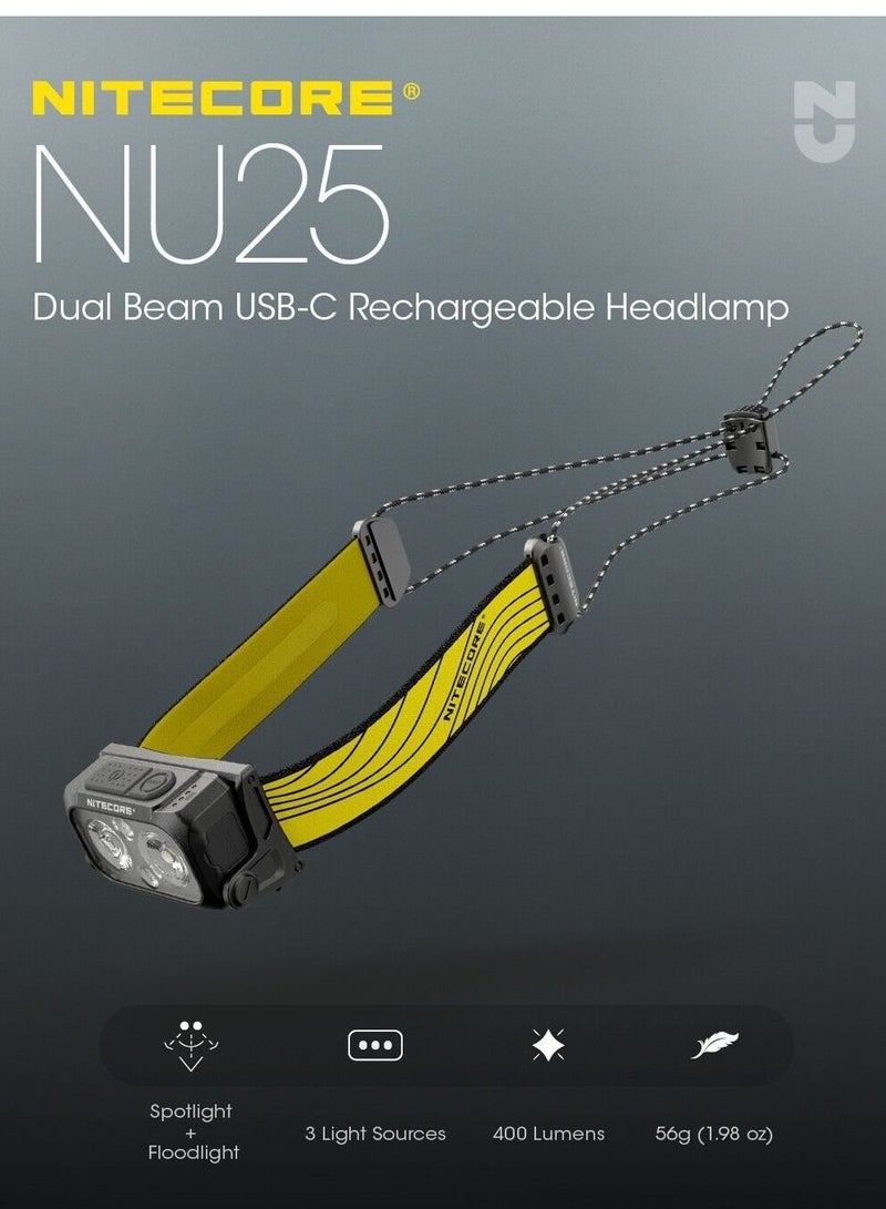 NITECORE NU25 Upgraded 400 lumen headlamp USB-C Rechargeable Three Light Source Headlight IP66 protection level Built-in Battery