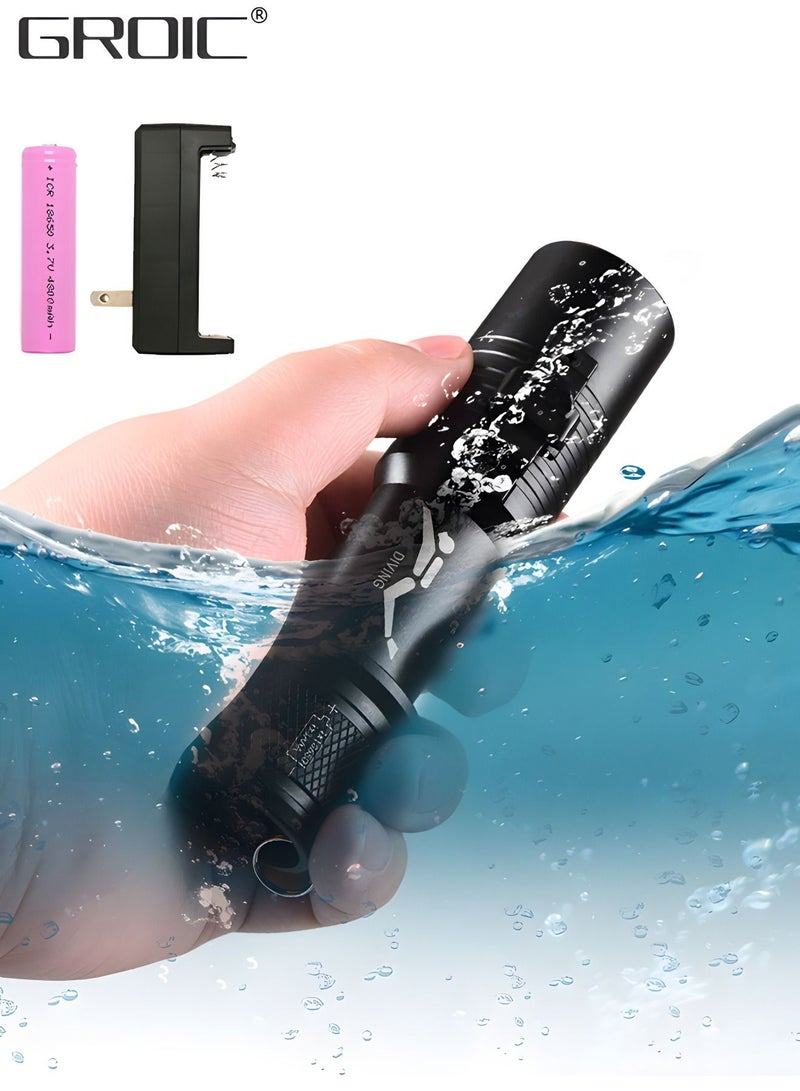 Diving Flashlight Dive Torch,LED Diving Flashlight Underwater Flashlight，Rechargeable Waterproof Underwater Lights Night,Outdoor flashlight