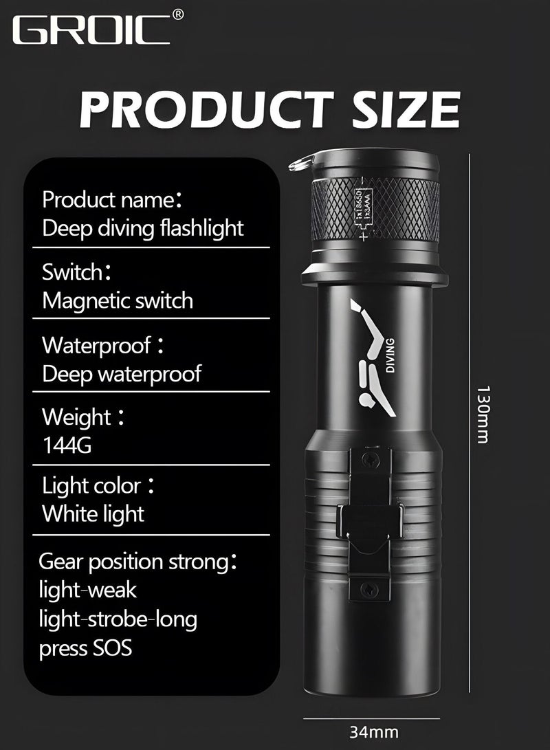 Diving Flashlight Dive Torch,LED Diving Flashlight Underwater Flashlight，Rechargeable Waterproof Underwater Lights Night,Outdoor flashlight