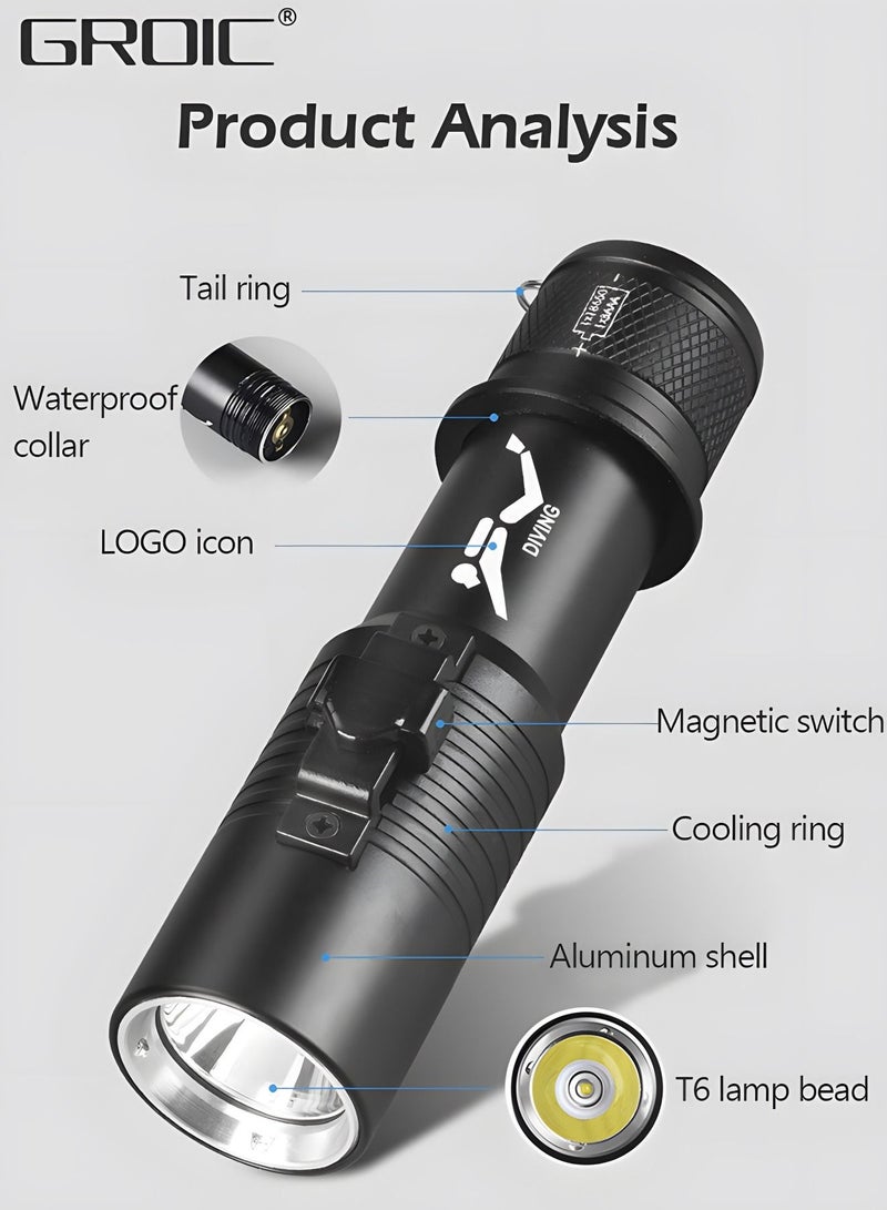 Diving Flashlight Dive Torch,LED Diving Flashlight Underwater Flashlight，Rechargeable Waterproof Underwater Lights Night,Outdoor flashlight