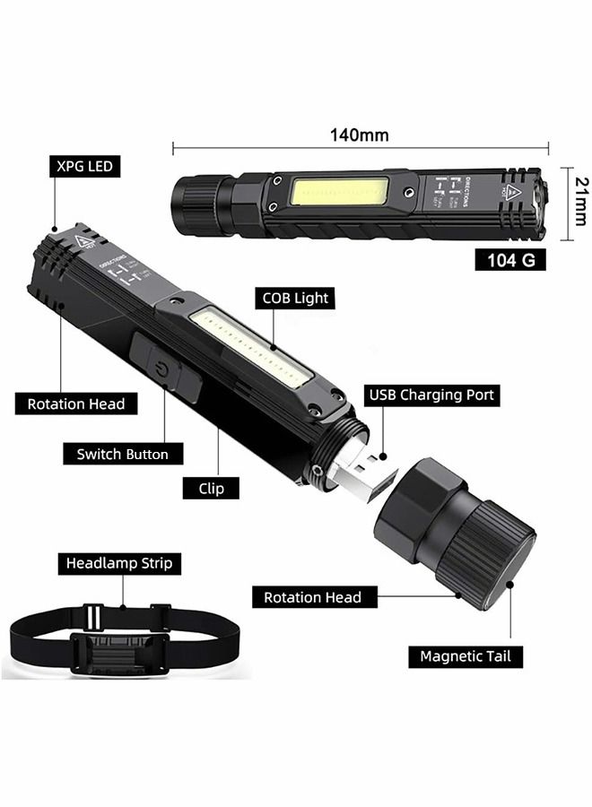 Led USB Rechargeable Headlamp, 1200 Lumens Portable Magnetic Head Flashlight for Adults, 90 Degree Rotate Led Work Light, Waterproof, 5 Modes for Outdoor, Hiking, Fishing