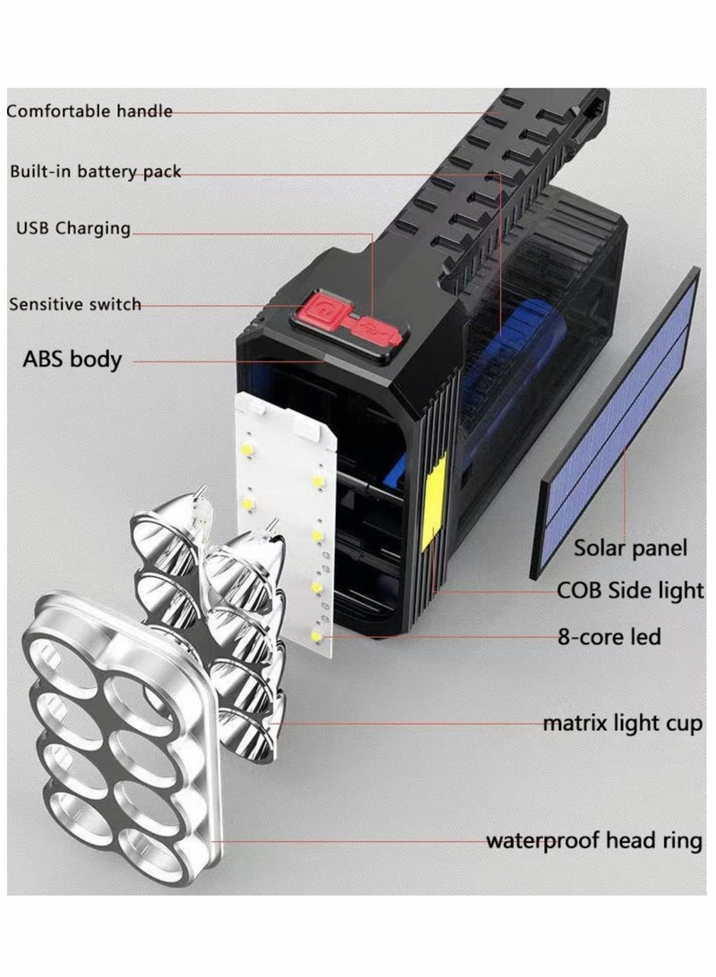 3000 Lumens Solar Rechargeable Handheld Flashlight LED Waterproof 1200 Mah Battery USB Fast Charging
