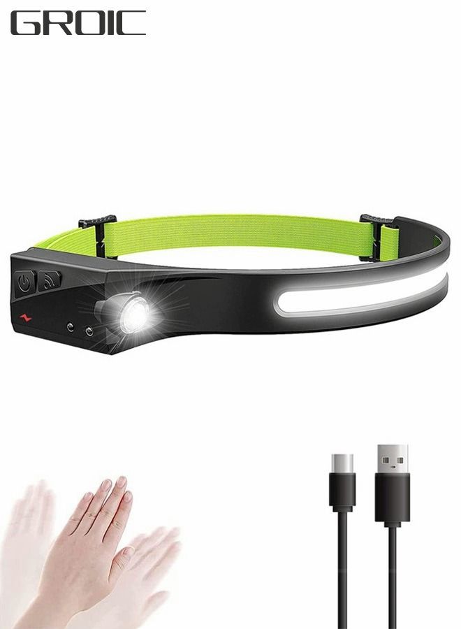 Rechargeable LED Head Lamp, Headlamp Flashlight, 1200mAh Bright 270° Wide Beam with Motion Sensor, Lightweight Waterproof Head Light for Outdoor Running, Camping Hiking