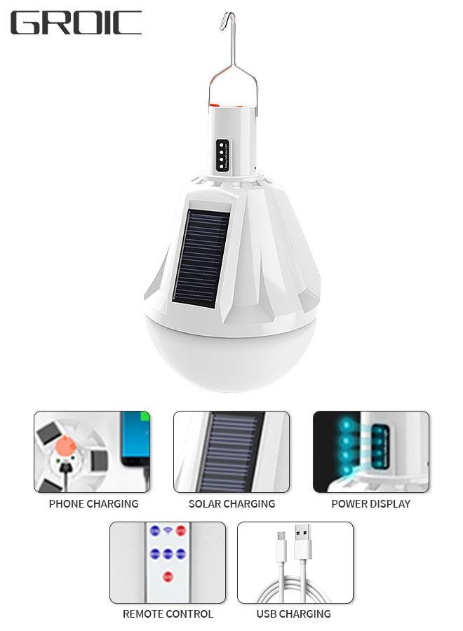 1000LM Solar Camping Light with LED Lantern with USB，Remote Contral Portable Tent Lamp with Hanging Hook，4 Light Mode with Power Displaying for Emergency,Hurricane, Outdoor,Power Outage, Hiking