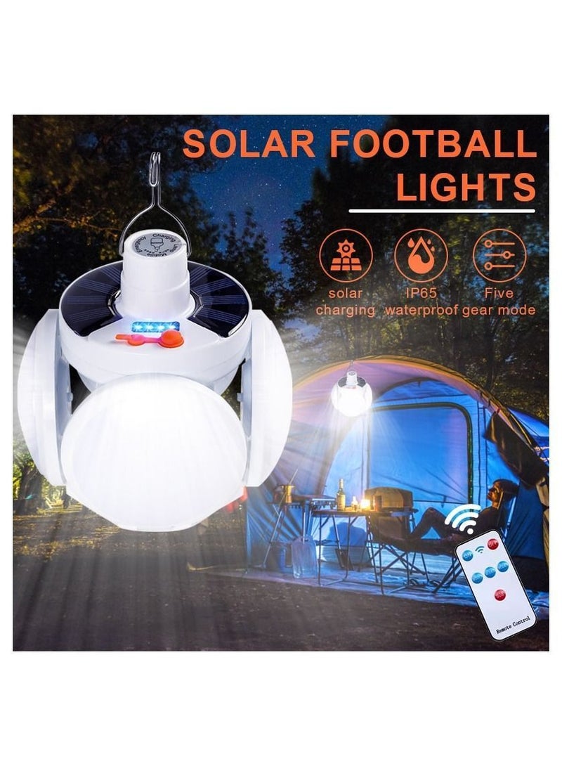 Solar Camping Lantern, Portable Tent Lamp with Hanging Hook, Folding LED Football Bulbs Rechargeable USB Lights for Home, Office, Tent, Car, Emergency Outages