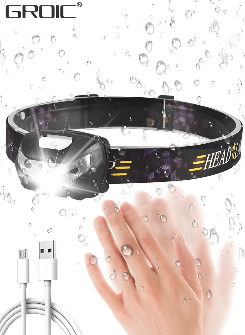 LED Sensor Headlamp,Head Torch Rechargeable, Led Super Bright Headlamp,Headlamp with USB Charging Cable Waterproof Lightweight,Fishing Headlight