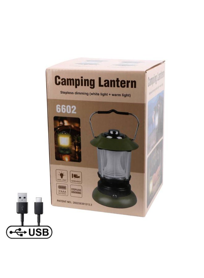 USB Rechargeable LED Camping Lantern Stepless Adjusted AA Battery Powered Retro Camping Lights Hanging Green Candle Lamp Portable Waterproof Outdoor Tent Bulb Emergency Lighting
