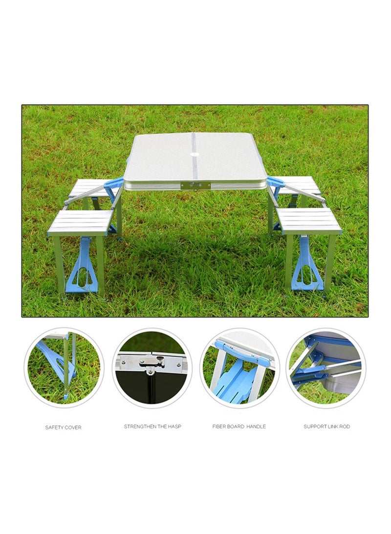 Outdoor Folding Table and Chair Set Portable Picnic Table with 4 Seats Suitcase Camping Table and Chair Set Barbecue Table for Backyard Patio (Silver)