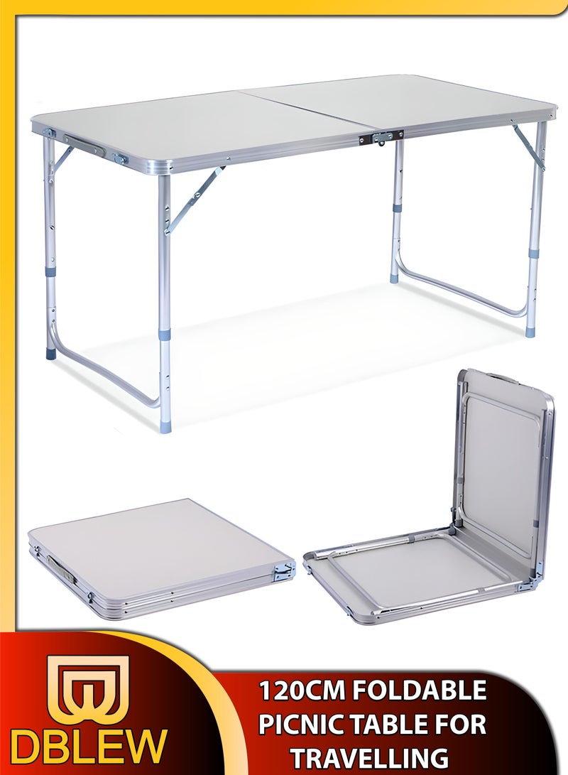 Rectangle 120cm Centre Folding Camping Table with Adjustable Height Lightweight Foldable Aluminium Portable Trestle Indoor Outdoor Picnic Barbecue Party Kitchen Home Dining Camping Garden BBQ Tables