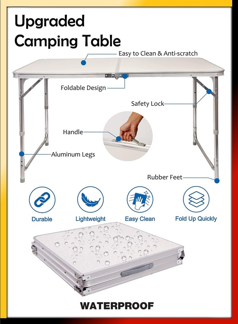 Rectangle 120cm Centre Folding Camping Table with Adjustable Height Lightweight Foldable Aluminium Portable Trestle Indoor Outdoor Picnic Barbecue Party Kitchen Home Dining Camping Garden BBQ Tables