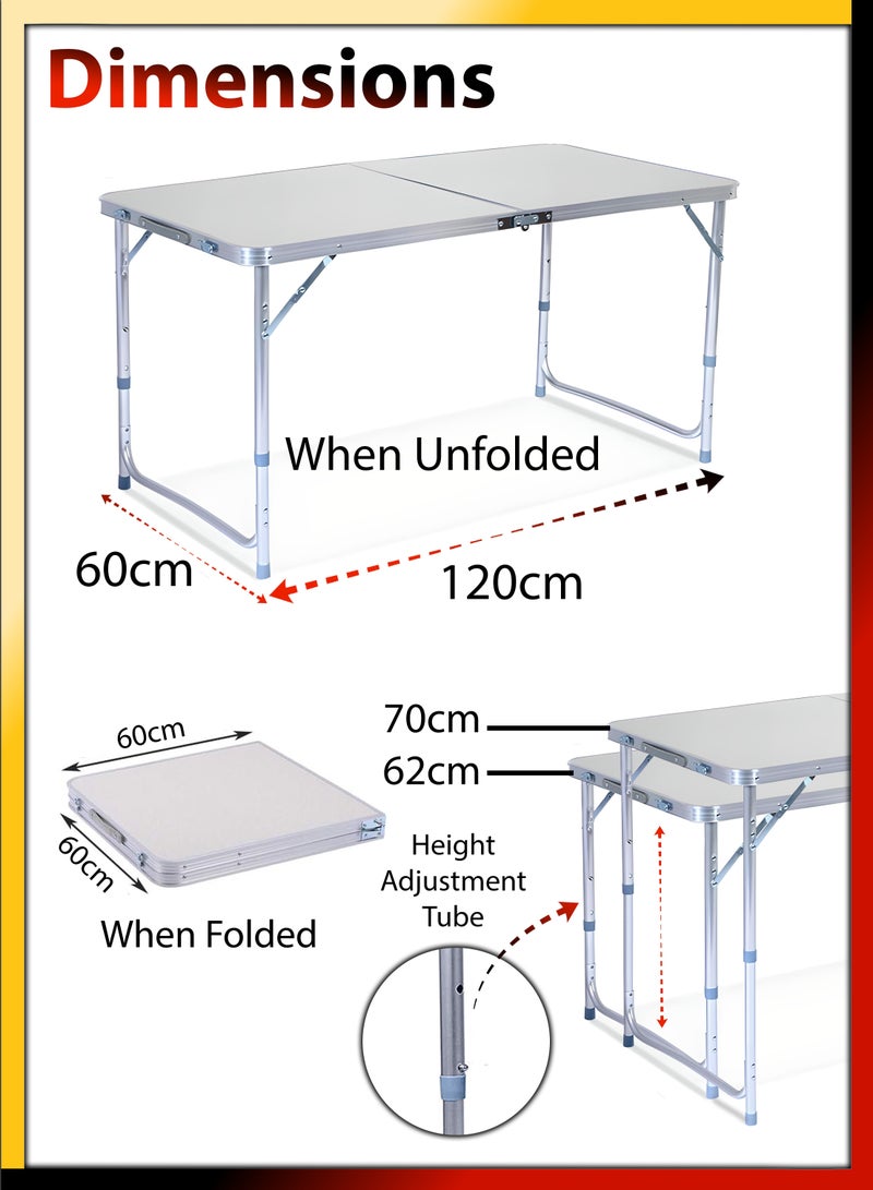 Rectangle 120cm Centre Folding Camping Table with Adjustable Height Lightweight Foldable Aluminium Portable Trestle Indoor Outdoor Picnic Barbecue Party Kitchen Home Dining Camping Garden BBQ Tables