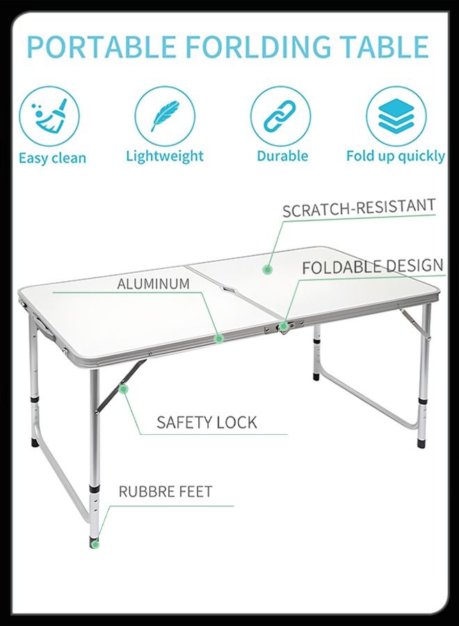 120cm Portable Foldable Adjustable Height Table Folding Desk With Aluminium Alloy Sides Camp Compact Outdoor And Indoor For Home Kitchen Camping Hiking Beach Picnic BBQ Garden Parties