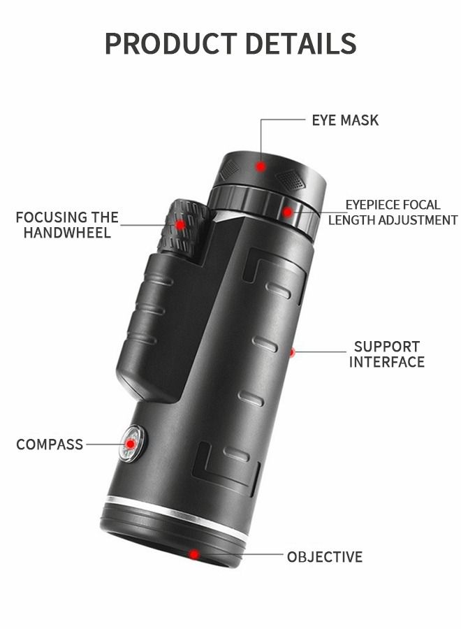 Monocular, 40×60 HD Telescope, Monocular with Smartphone Holder and Tripod, Night Vision Telescope with Compass and Telescopic Tripod, Travel Accessories, Camping Gear