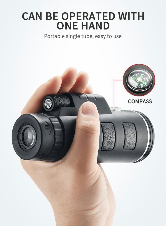 Monocular, 40×60 HD Telescope, Monocular with Smartphone Holder and Tripod, Night Vision Telescope with Compass and Telescopic Tripod, Travel Accessories, Camping Gear