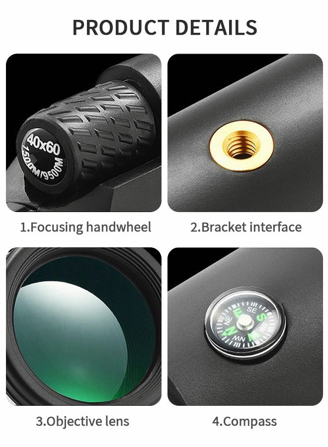 Monocular, 40×60 HD Telescope, Monocular with Smartphone Holder and Tripod, Night Vision Telescope with Compass and Telescopic Tripod, Travel Accessories, Camping Gear