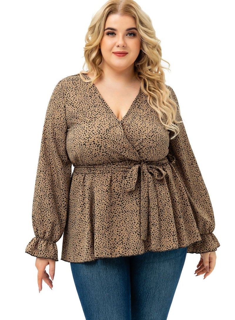 Autumn New Plus-size Women's Long-sleeved Top Brown