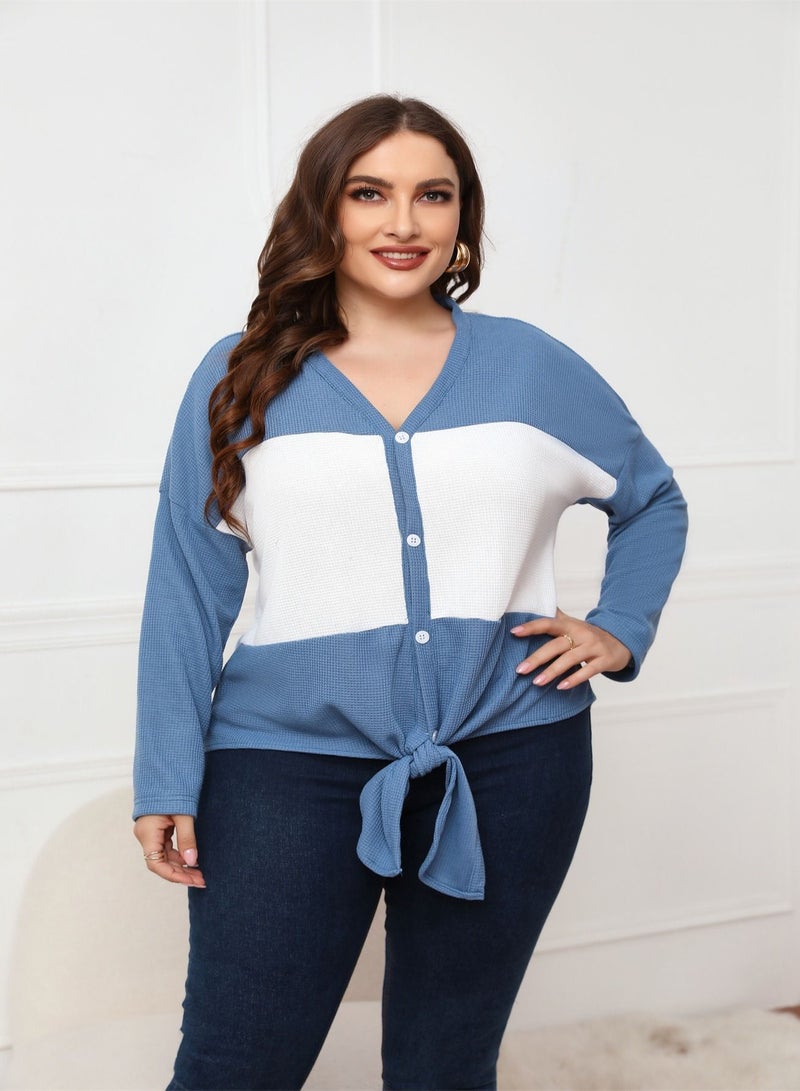 Autumn New Plus-size Women's Long-sleeved Top Blue