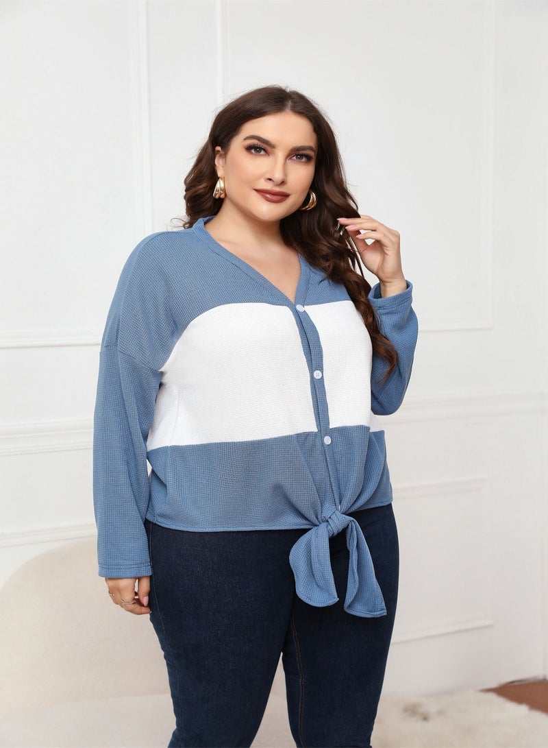 Autumn New Plus-size Women's Long-sleeved Top Blue