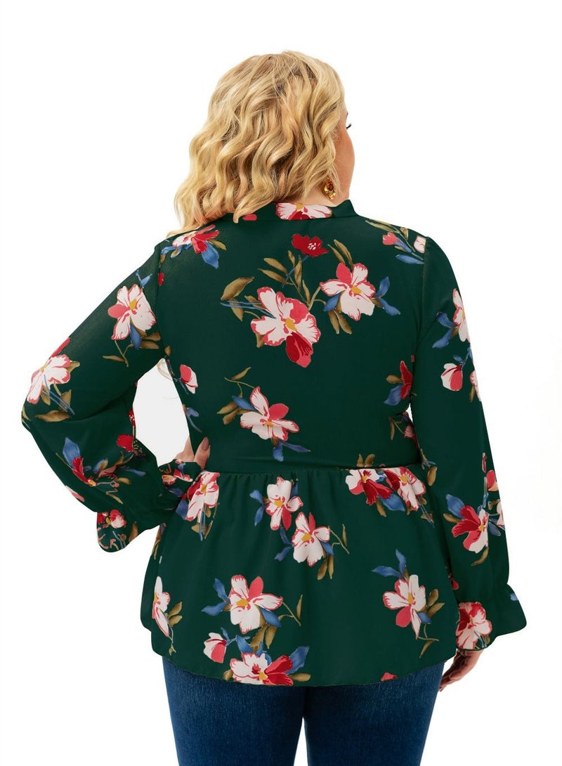 Autumn New Plus-size Women's Long-sleeved Printed Top Green
