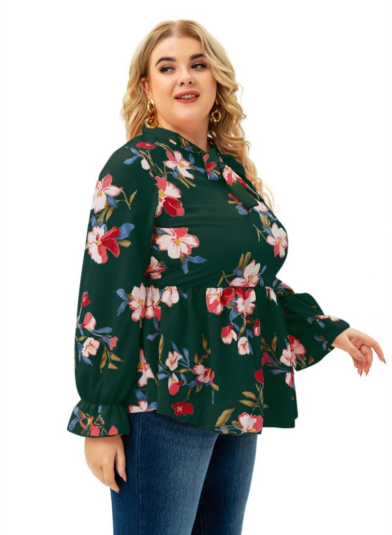 Autumn New Plus-size Women's Long-sleeved Printed Top Green