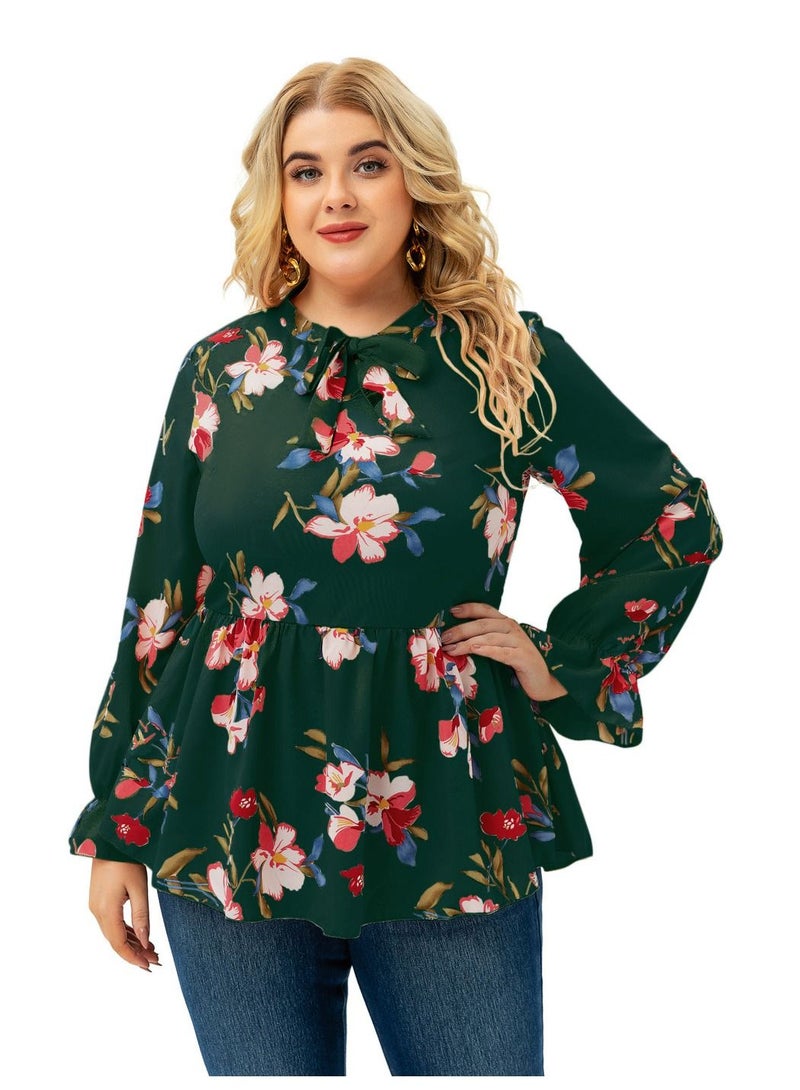 Autumn New Plus-size Women's Long-sleeved Printed Top Green