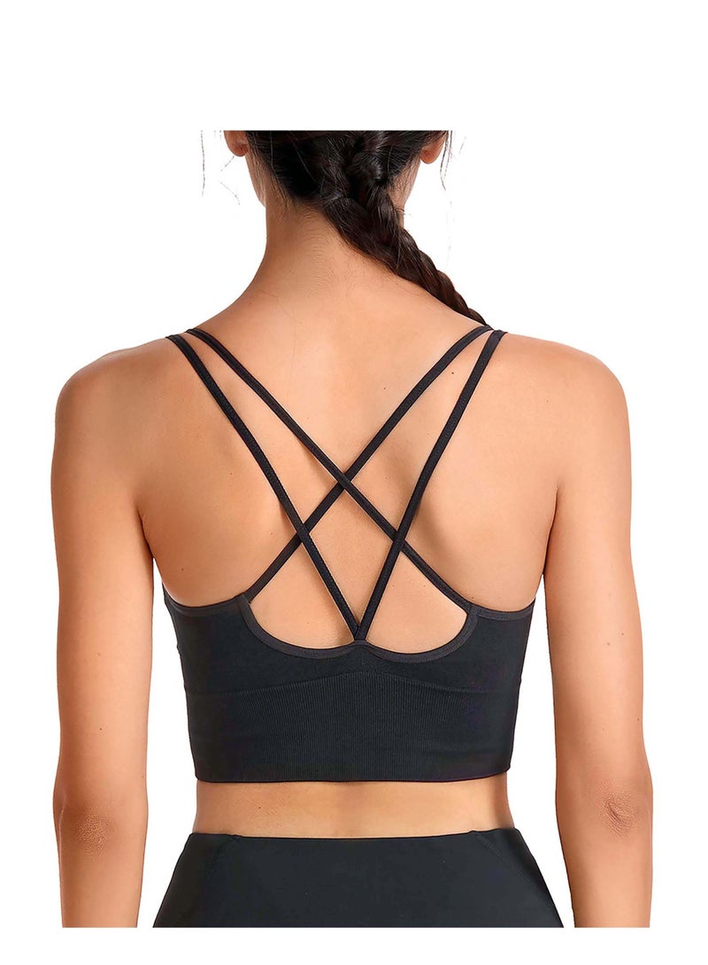 Sport Bras, Yoga Bra Strappy Sports Bras for Women, Breathable Activewear Padded Criss Cross Cropped Removable Soft Pads Workout Fitness Low Impact(Black)