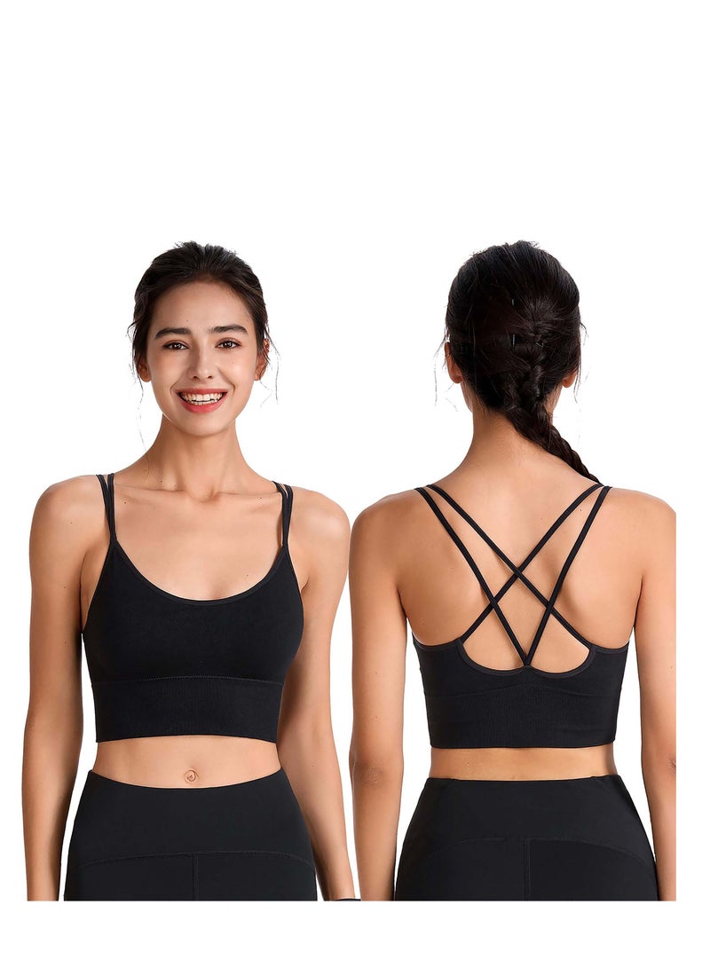 Sport Bras, Yoga Bra Strappy Sports Bras for Women, Breathable Activewear Padded Criss Cross Cropped Removable Soft Pads Workout Fitness Low Impact(Black)