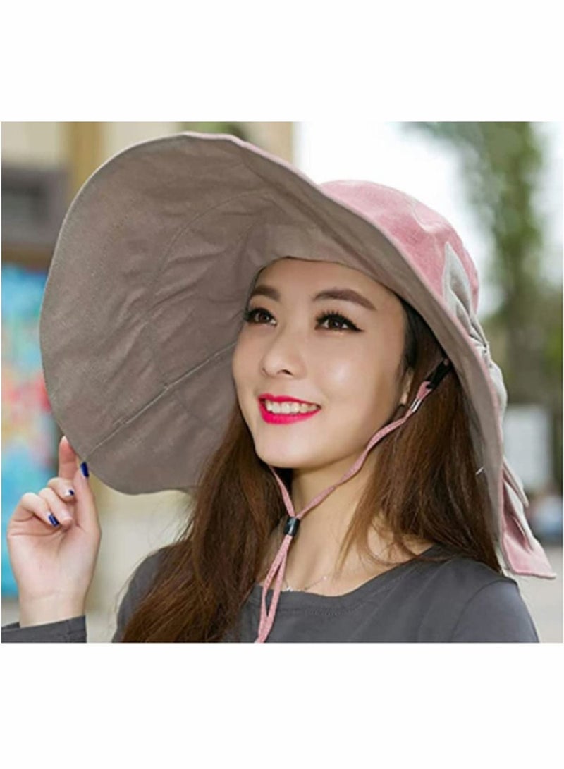 Women Sun Hat Ladies UV Protection Wide Brim Summer Beach Cap Packable Reversible Bucket Suitable for All-Day Wear Pink