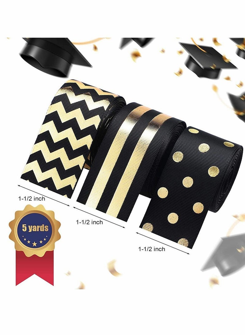 3 Rolls Striped Grosgrain Ribbons Dot Fabric Ribbon Styles DIY Craft for Graduation Summer Home Theme Party Decorations Black and Gold