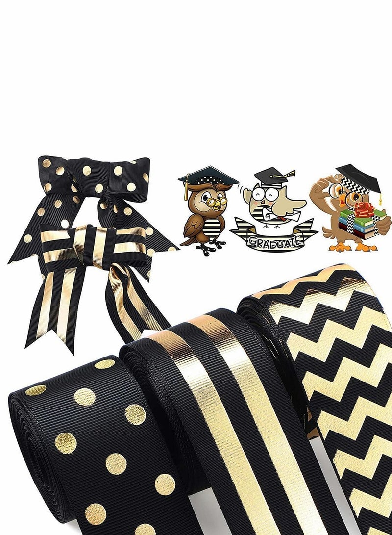 3 Rolls Striped Grosgrain Ribbons Dot Fabric Ribbon Styles DIY Craft for Graduation Summer Home Theme Party Decorations Black and Gold