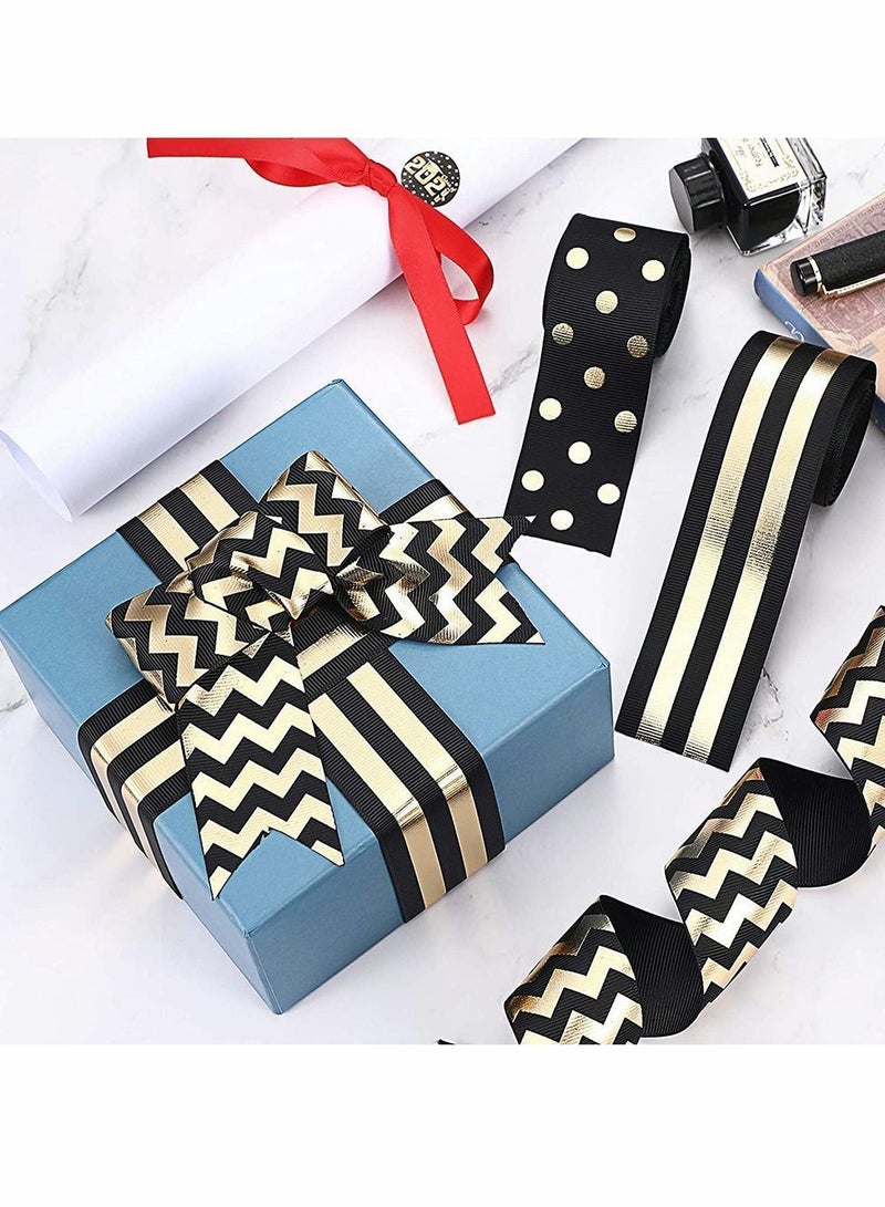 3 Rolls Striped Grosgrain Ribbons Dot Fabric Ribbon Styles DIY Craft for Graduation Summer Home Theme Party Decorations Black and Gold