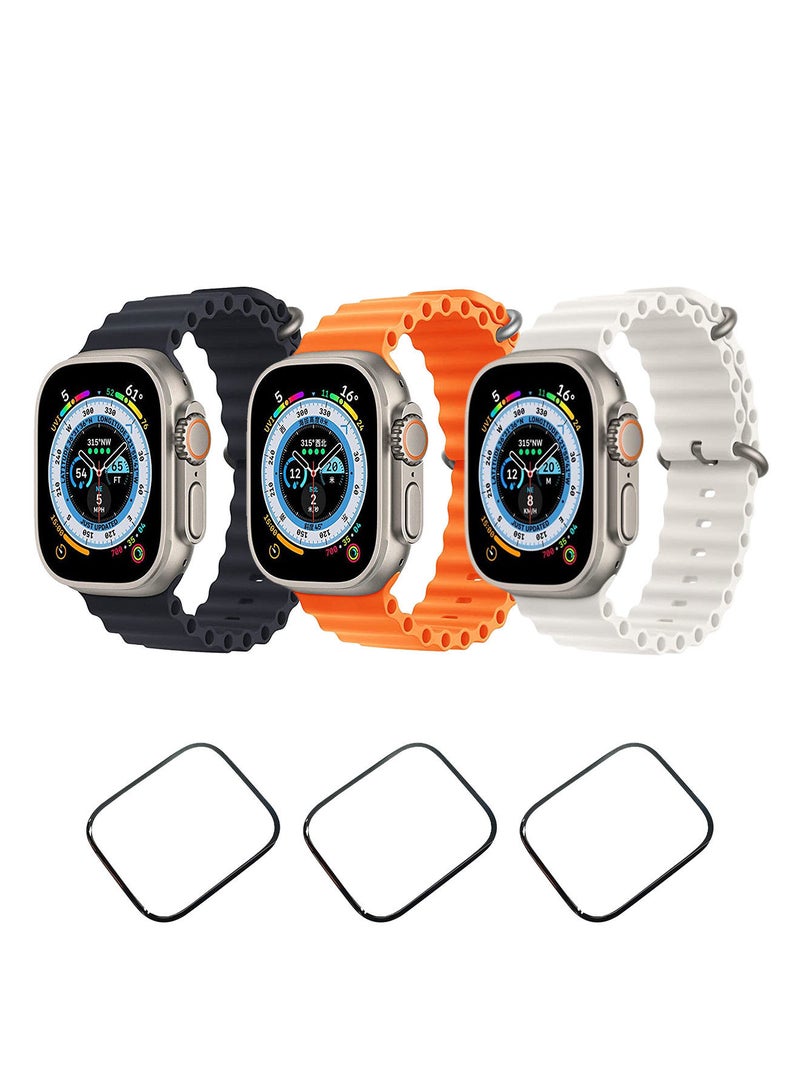 YOMNA Silicone Ocean Band Strap for Apple Watch Ultra 8 49mm Orange,White and Yellow (set of 3 with 3* 49mm watch glass)