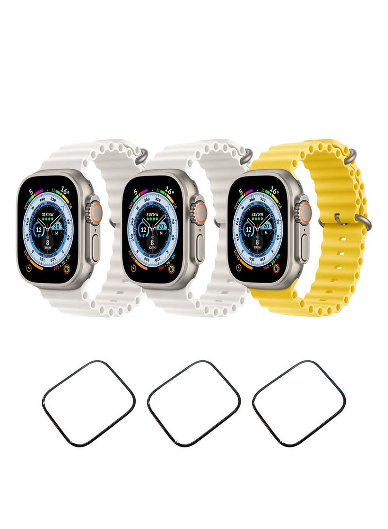 YOMNA Silicone Ocean Band Strap for Apple Watch Ultra 8 49mm Yellow,White and Yellow (set of 3 with 3* 49mm watch glass)