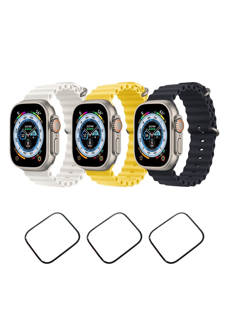 YOMNA Silicone Ocean Band Strap for Apple Watch Ultra 8 49mm Yellow,Yellow and Black (set of 3 with 3* 49mm watch glass)