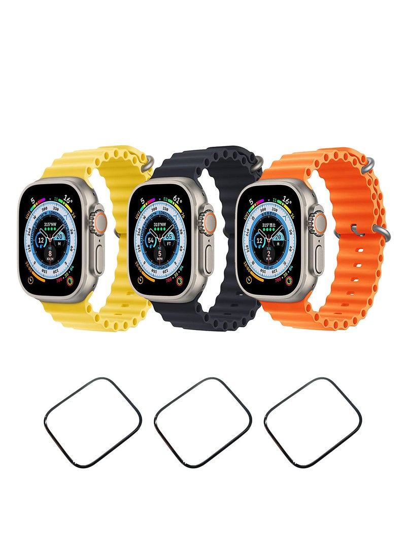YOMNA Silicone Ocean Band Strap for Apple Watch Ultra 8 49mm Black,Black and Orange (set of 3 with 3* 49mm watch glass)