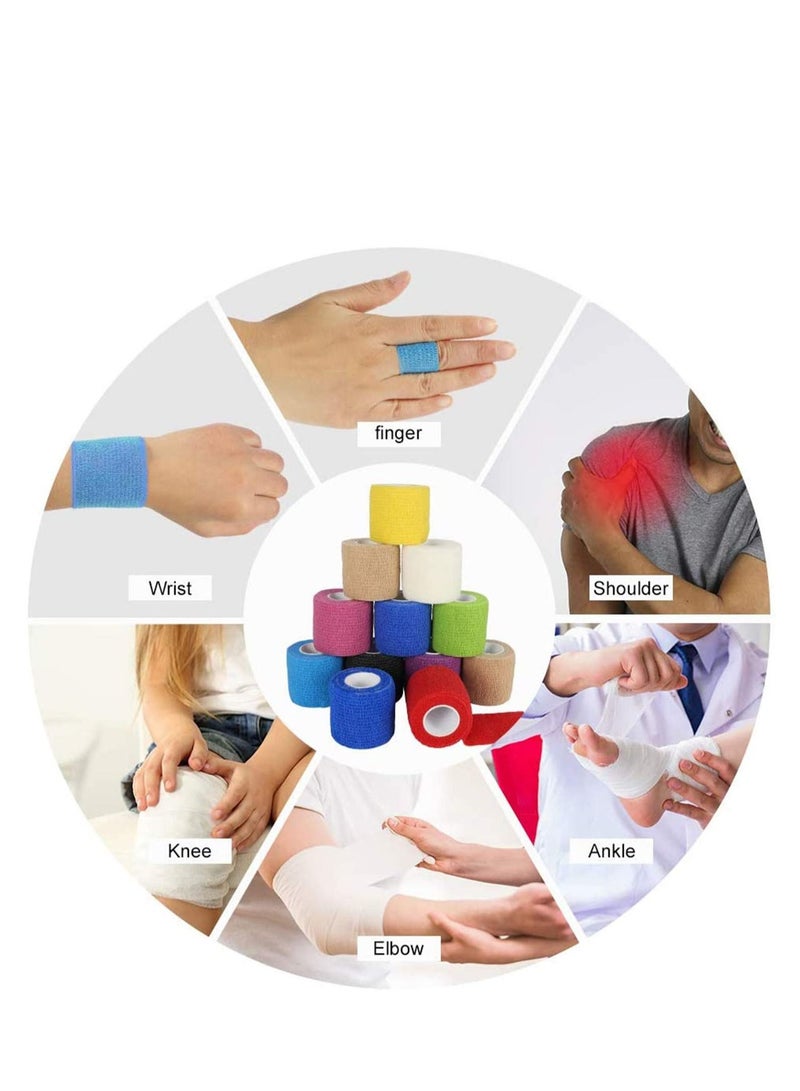 Cohesive Bandages 12 Rolls 10 Colour Self Adherent Non Woven Bandage Wrap Pet Vet Elastic Sports Water Repellent Breathable for Wrist Ankle Strains Sprains Swelling