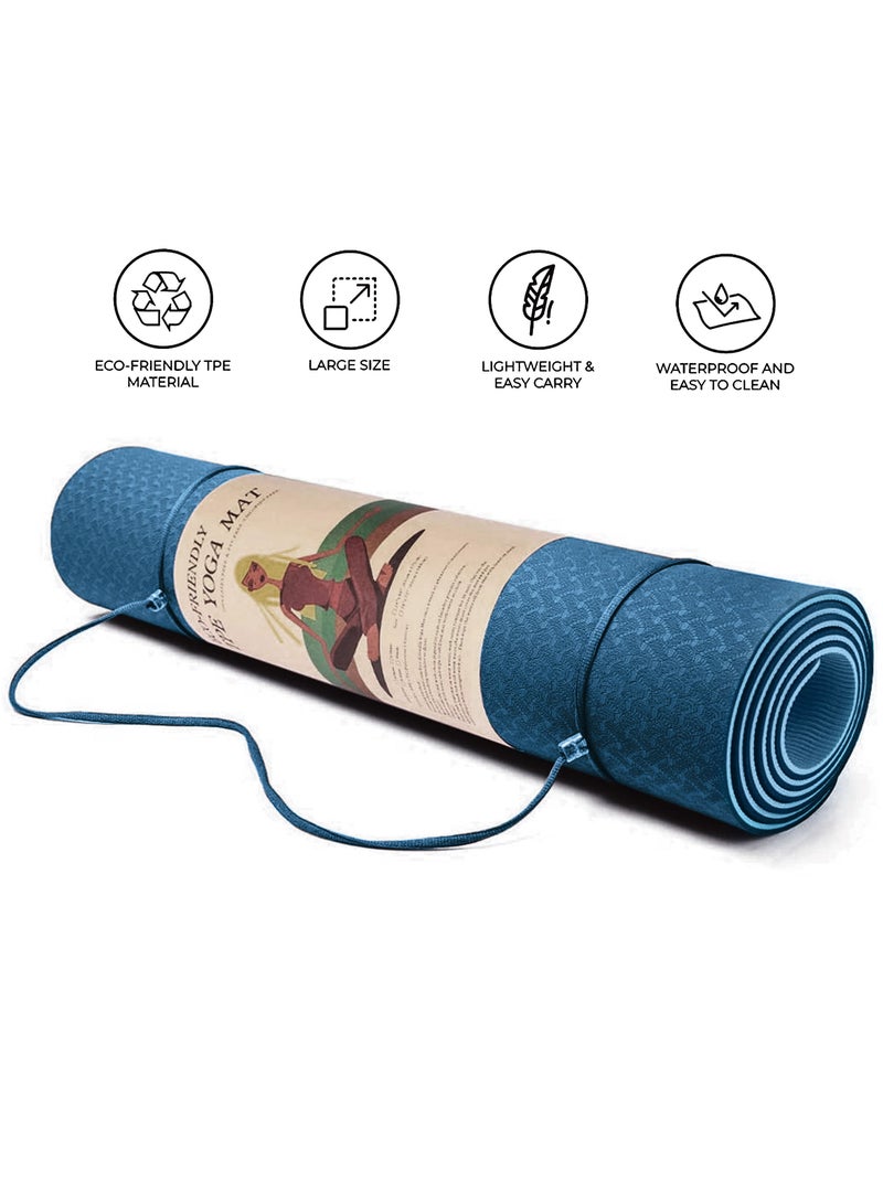 Robust TPE Yoga Mat Double Layer Anti-Slip Eco Friendly Texture surface (Size 183cmx 61cm) SGS Certified Position Liens & Hanging Band, Home/Gym Workout Sports Exercise Sports Mattress-Blue
