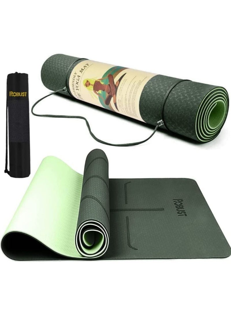 Robust TPE Yoga Mat Double Layer Anti-Slip Eco Friendly Texture surface (Size 183cmx 61cm) SGS Certified Position Liens & Hanging Band, Home/Gym Workout Sports Exercise Sports Mattress - Green