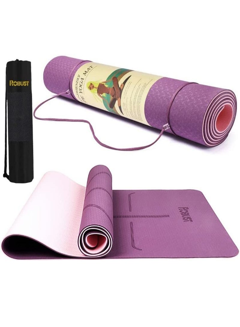 Robust TPE Yoga Mat Double Layer Anti-Slip Eco Friendly Texture Surface (Size 183cmx 61cm) SGS Certified Position Liens & Hanging Band, Home/Gym Workout Sports Exercise Sports Mattress - Purple Pink