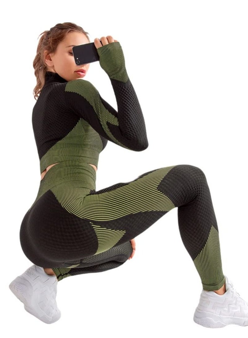 Women High Waisted Fitness Clothing to Lift the Buttocks and Leggings Set Long Sleeved Seamless for Yoga Gym (Army Green, M)