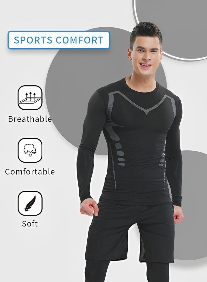 Men Workout Compression Set, Shirt Pants Top Long Sleeve 3 Pieces Sports Suits Tight Base Layer Quick Dry Fitness Tracksuit Gym Suits