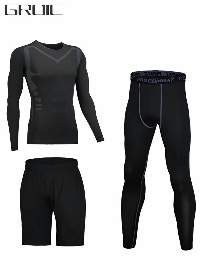 Men Workout Compression Set, Shirt Pants Top Long Sleeve 3 Pieces Sports Suits Tight Base Layer Quick Dry Fitness Tracksuit Gym Suits