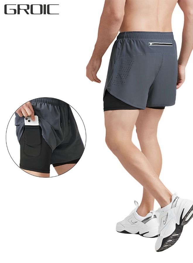 Men's Running Athletic Workout Sports 2 in 1 Running Shorts Quick Dry Lightweight Gym Athletic Workout Shorts for Men with Phone Pockets