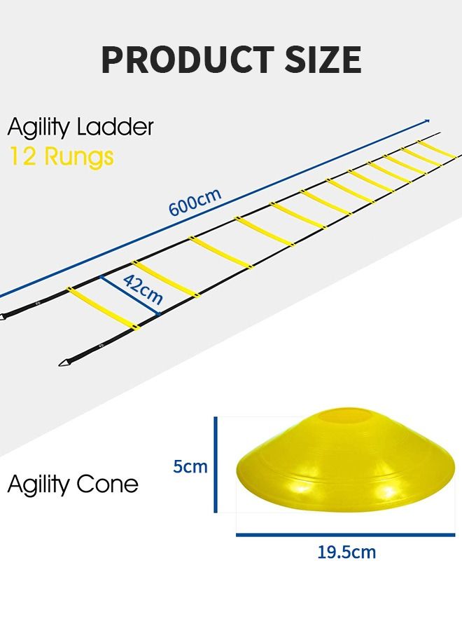 20ft Agility Ladder Training Set, Agility Ladder Agility Training Equipment with 12 Plastic Rungs, 12 Agility Cones& 4 Steel Stakes, 4 Triangular Buckle, 1 Carry Bag, for Soccer Speed Training