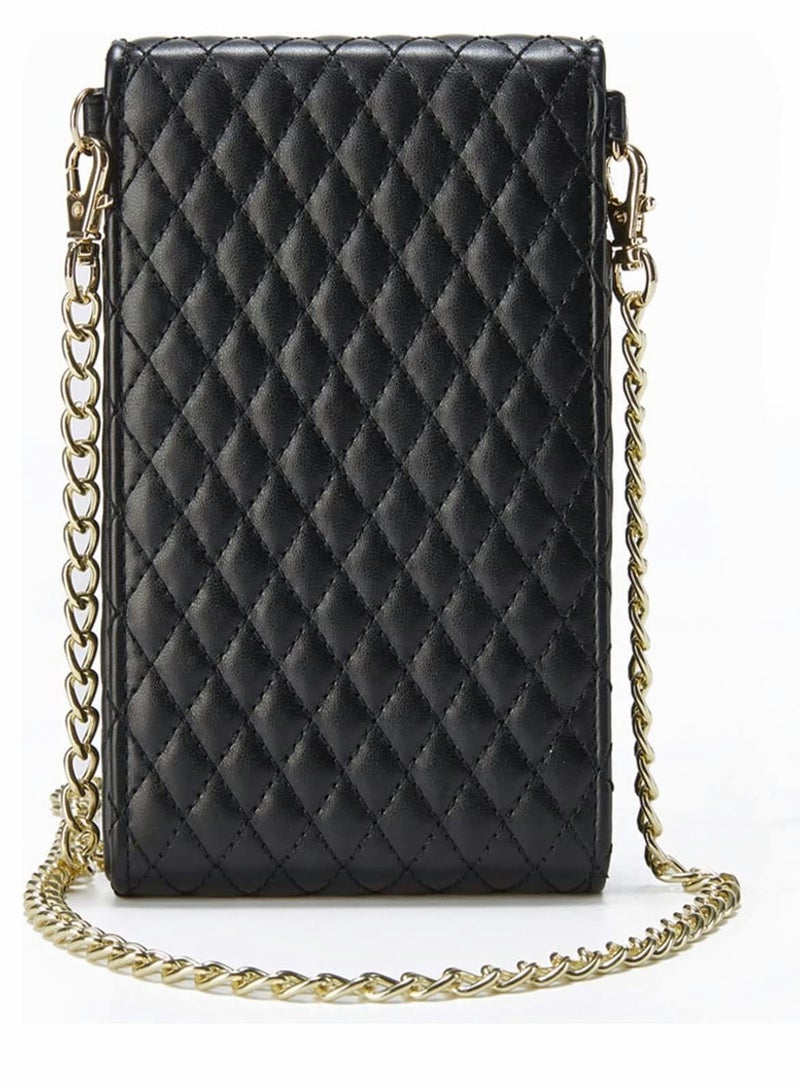 Cell Phone Bag Women Crossbody Small Shoulder Handbags Luxury Quilted Wallet Purse Soft Vegan PU Leather Case Ladies Dating with Gold Chain Strap (Black)
