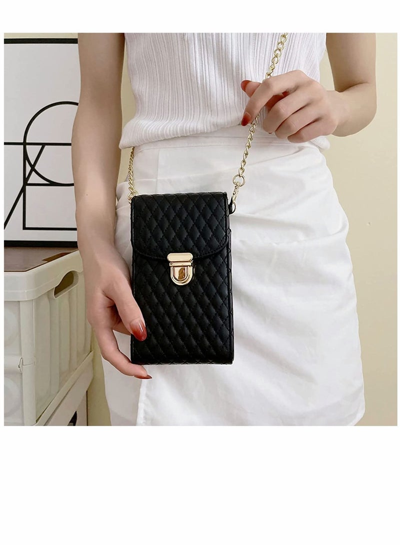 Cell Phone Bag Women Crossbody Small Shoulder Handbags Luxury Quilted Wallet Purse Soft Vegan PU Leather Case Ladies Dating with Gold Chain Strap (Black)