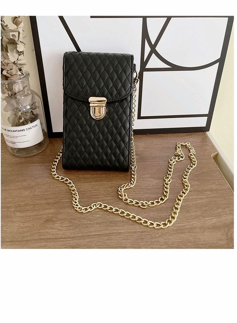 Cell Phone Bag Women Crossbody Small Shoulder Handbags Luxury Quilted Wallet Purse Soft Vegan PU Leather Case Ladies Dating with Gold Chain Strap (Black)