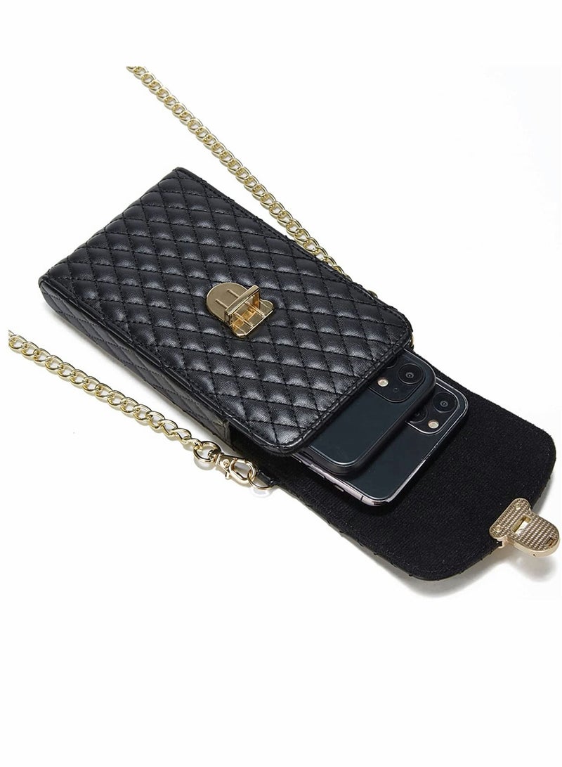 Cell Phone Bag Women Crossbody Small Shoulder Handbags Luxury Quilted Wallet Purse Soft Vegan PU Leather Case Ladies Dating with Gold Chain Strap (Black)
